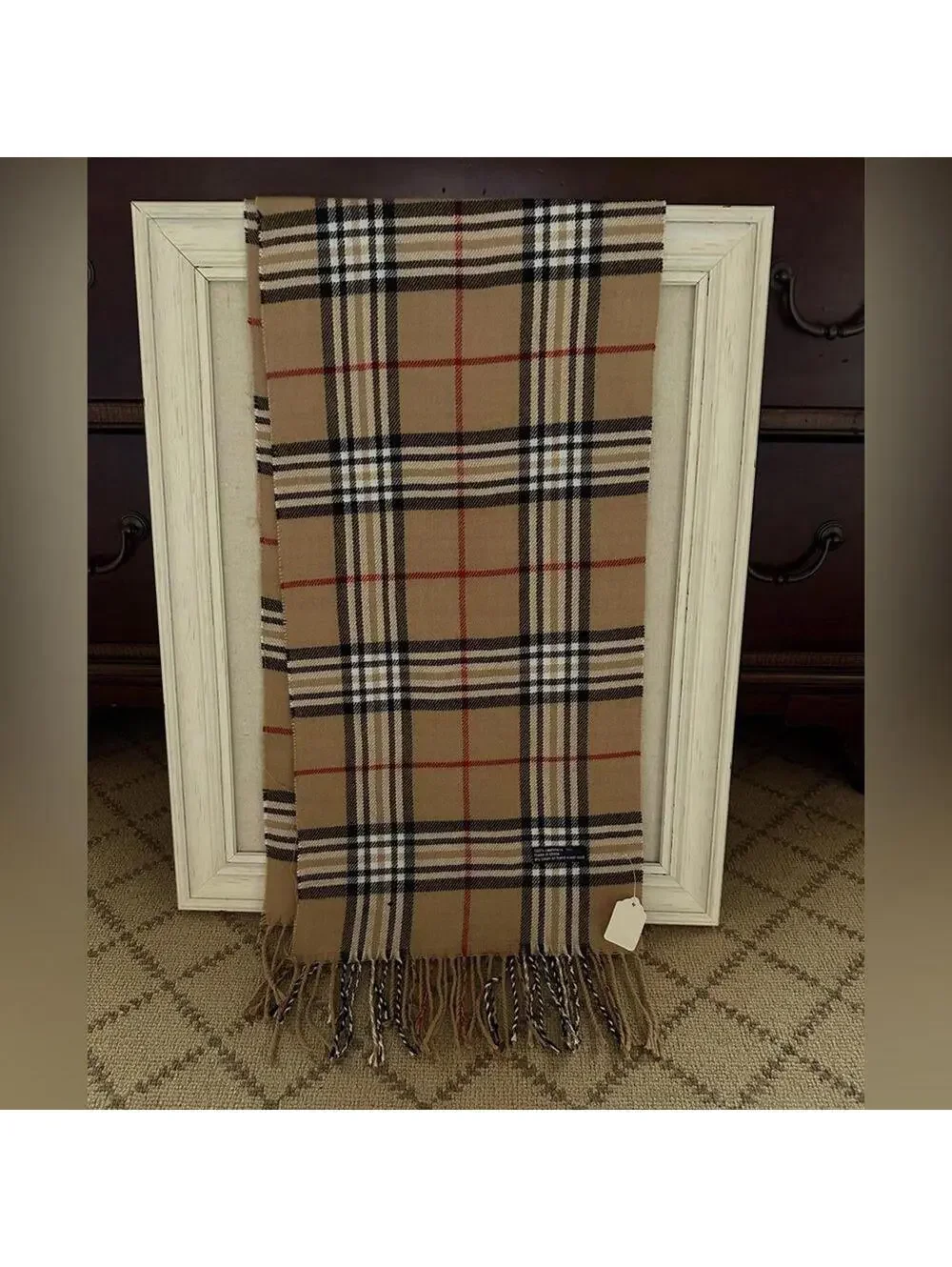 Scarf Muffler with camel, black, and red striped plaid designwith fringe